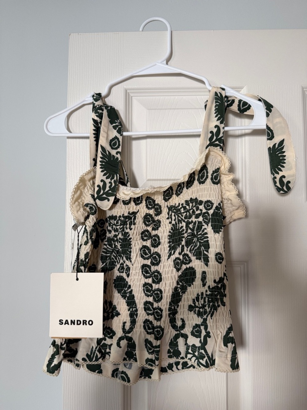Sandro Cream Tank Top with Dark Green Floral Print